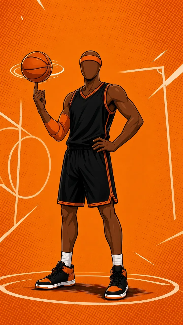 The Handles Lab athlete: a faceless white comic-style player spinning a basketball on one finger